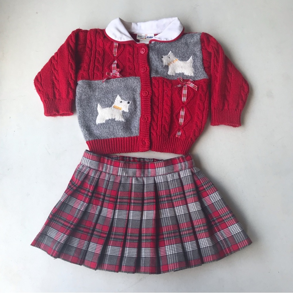 Baby GIRL Red Scotty Dog Cardigan Sweater and Pleated Plaid Skirt Size 12 Mos
